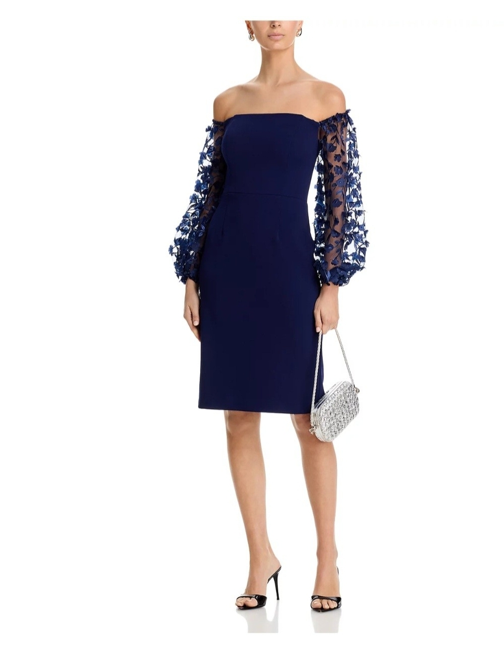 Eliza J Navy Off-Shoulder Midi Dress with Sheer Embroidered Sleeves